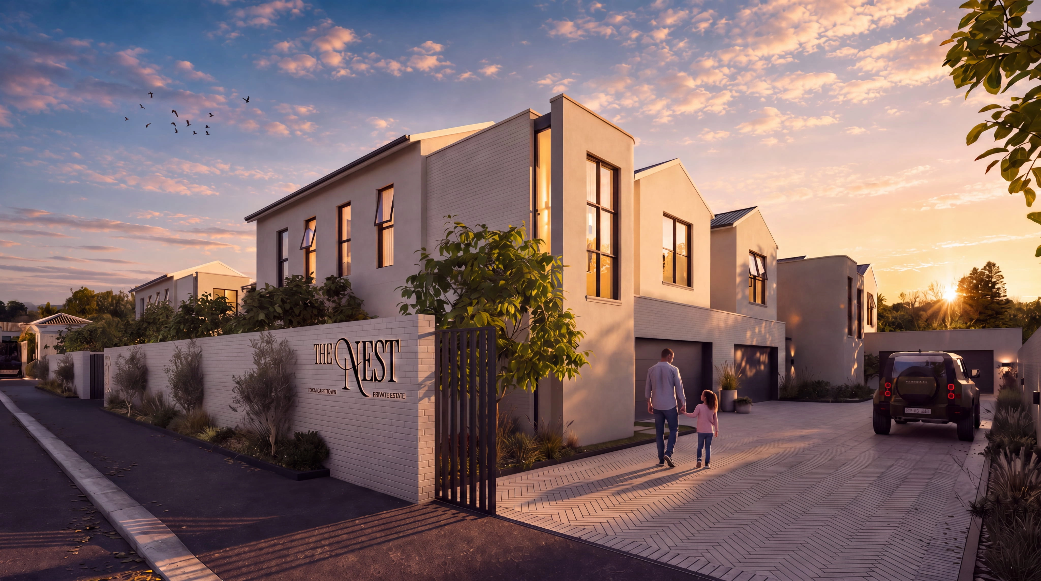 The Nest at dusk, contemporary homes behind the estate wall on Weaver Bird Avenue