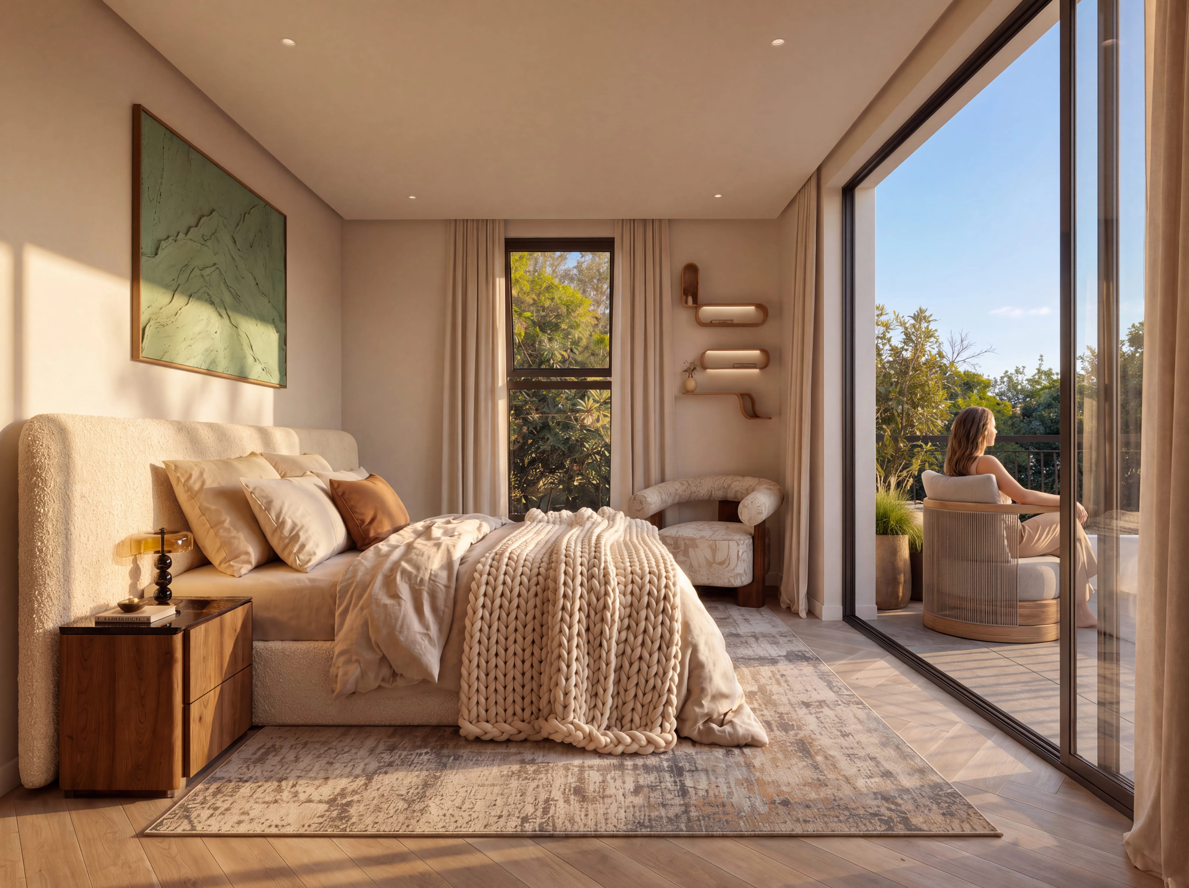 Bedroom with an upholstered headboard and sliding doors opening onto a balcony
